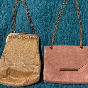 Lot of 2 Vintage Hand/Shoulder Clutches: Gold Lame Metallic, Pink Glitter Purses